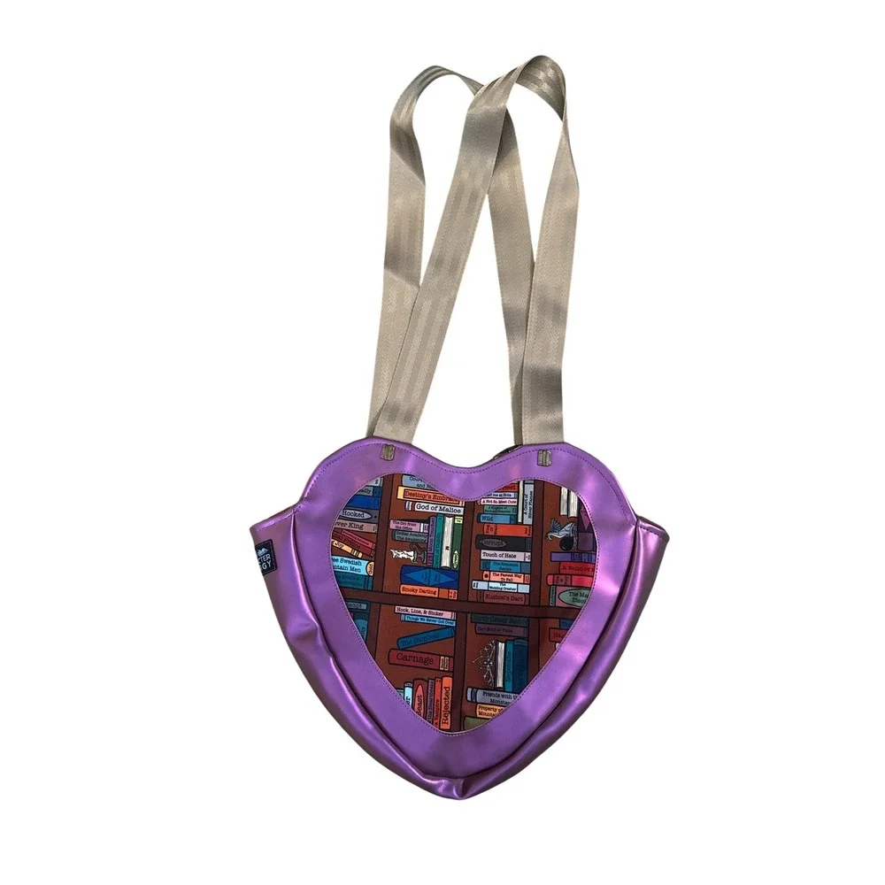 Main Character Energy Heart Tote Bag Women OS Purple Bookshelf Print Novelty